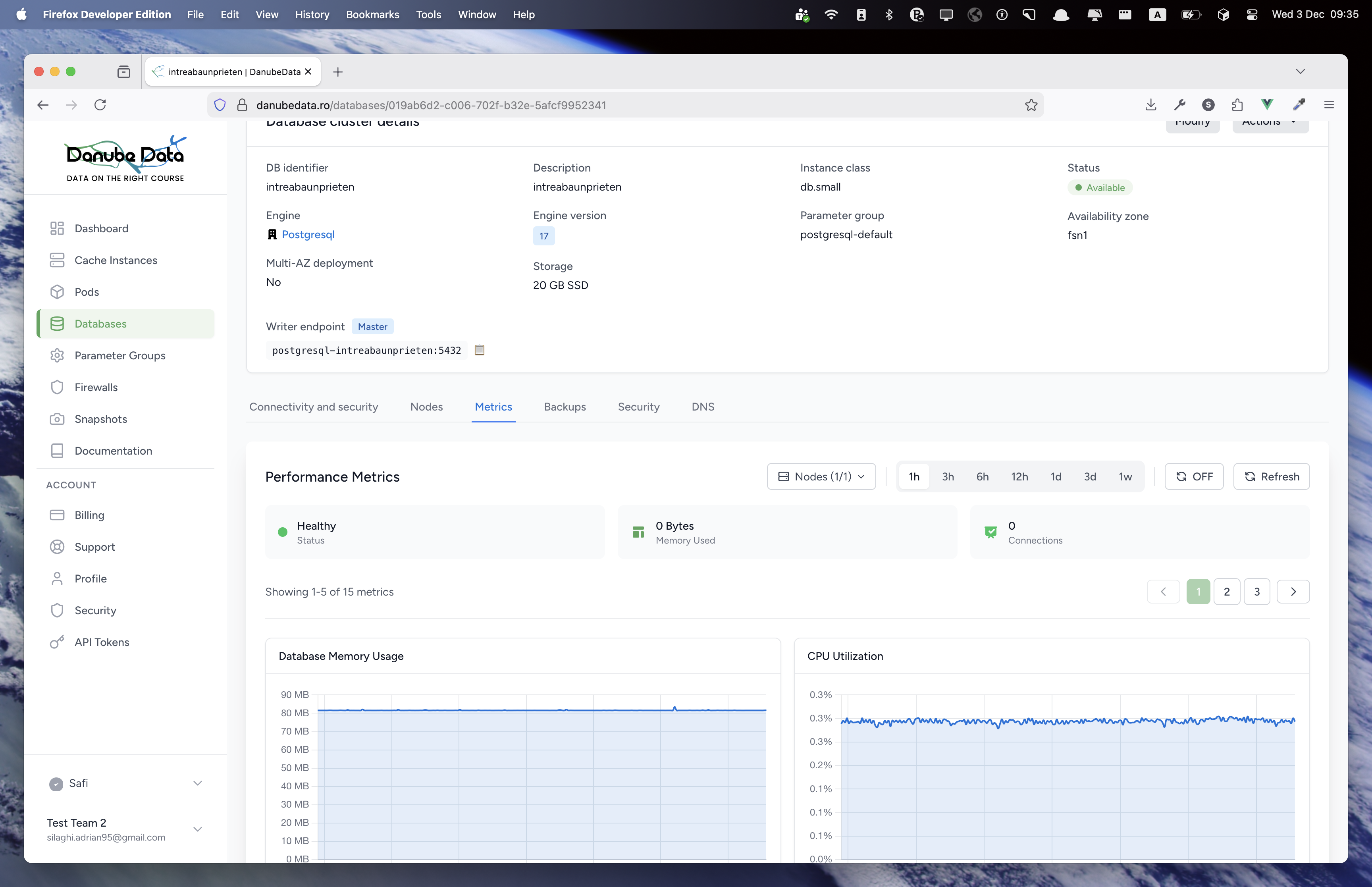 DanubeData Database Metrics - PostgreSQL, MySQL, MariaDB insights