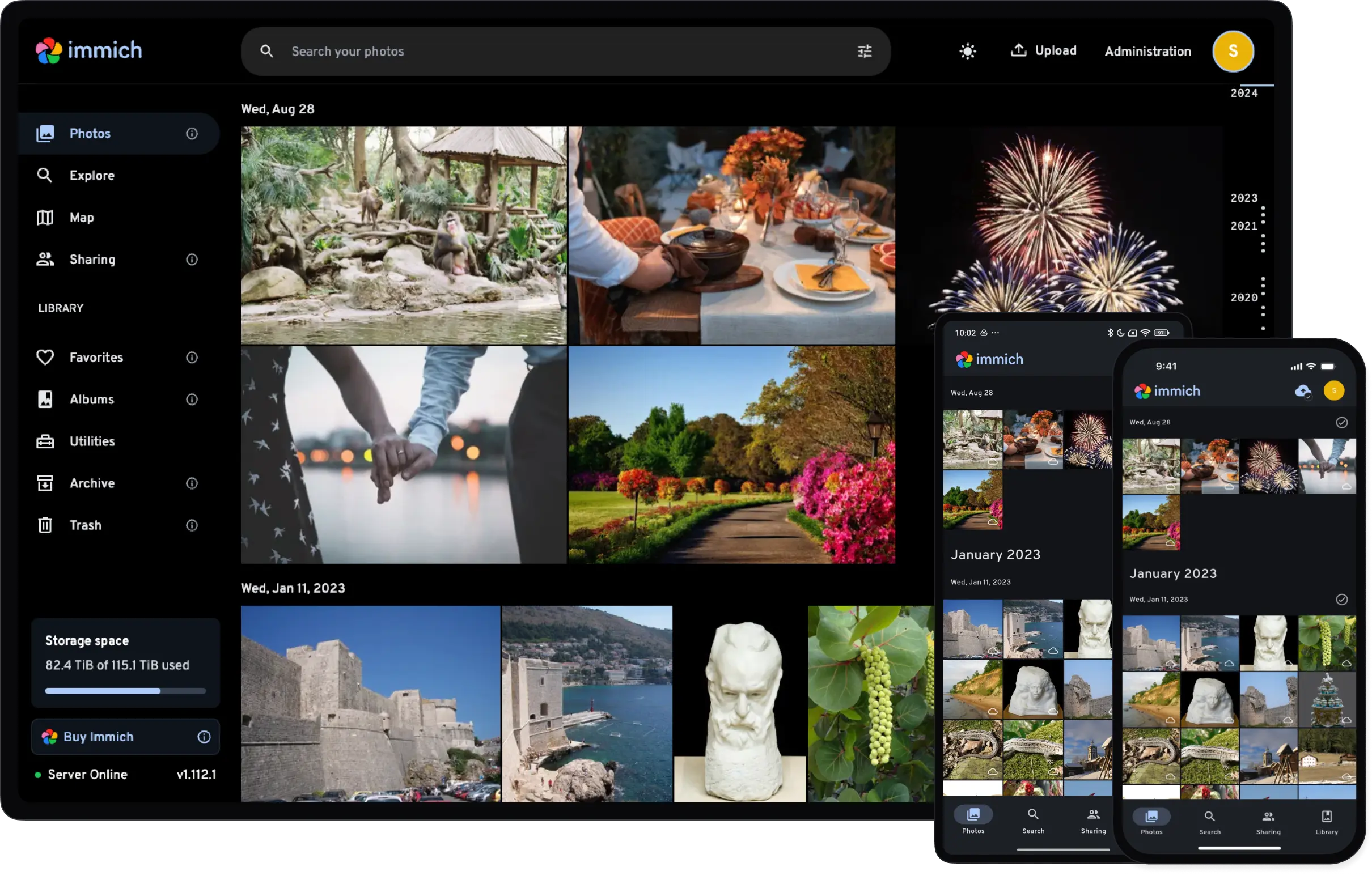 Immich photo management interface showing timeline view with mobile app