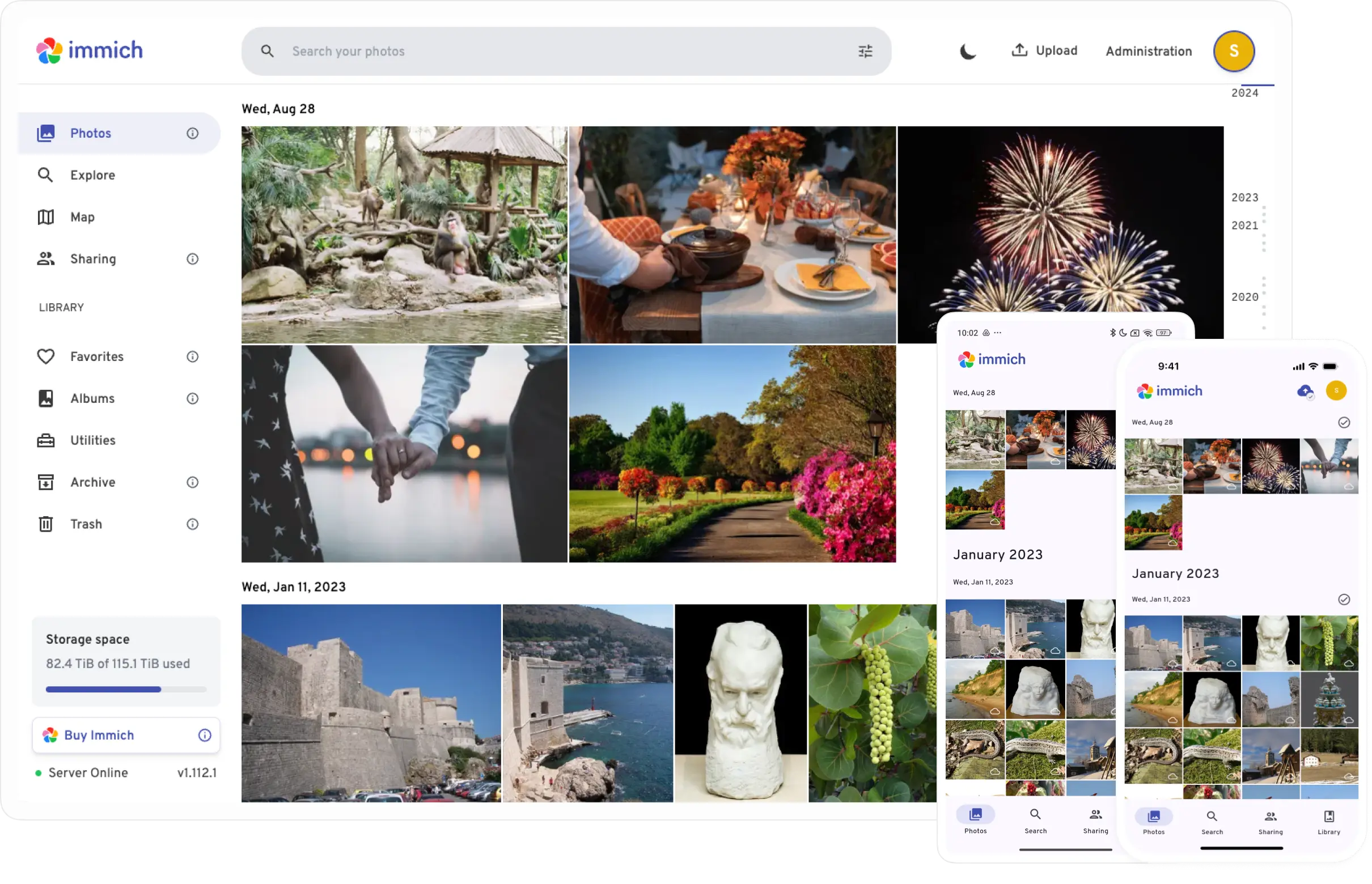 Immich photo management interface showing timeline view with mobile app